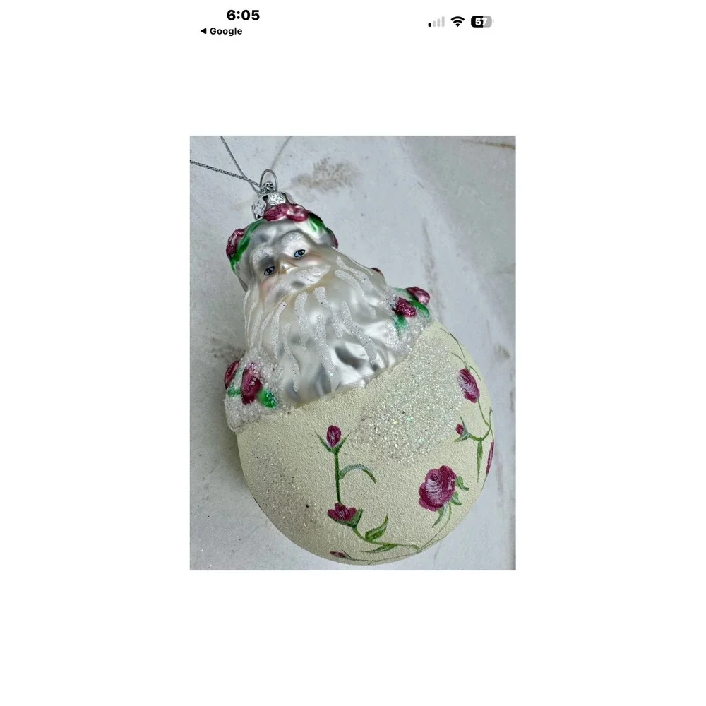 Vintage Hand Painted Glass Santa Claus Floral Rose Garden Christmas Ornamen 4.5
